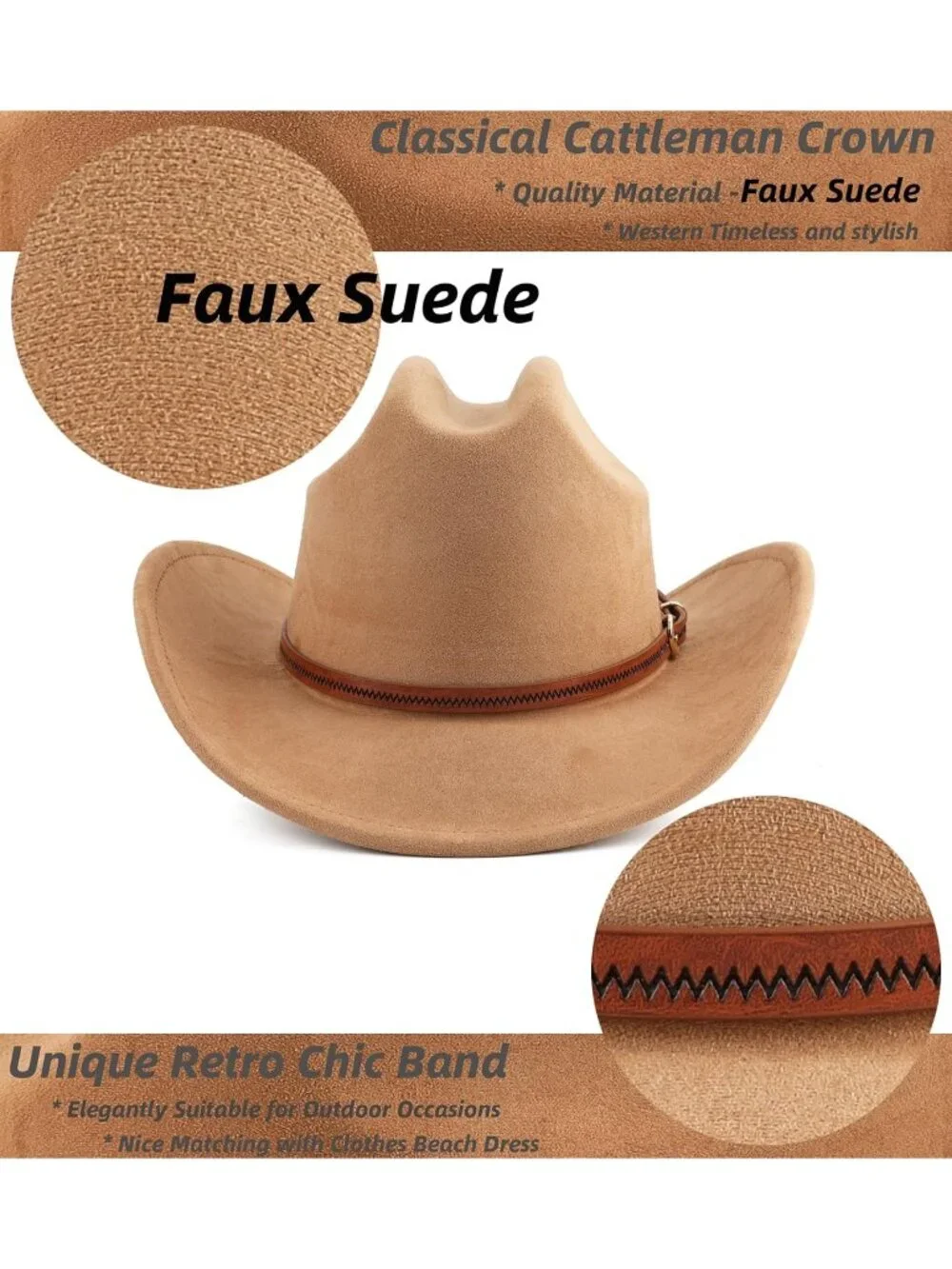 Men's Camel Faux Suede Wide Brim Western Cowgirl Cowboy Hat